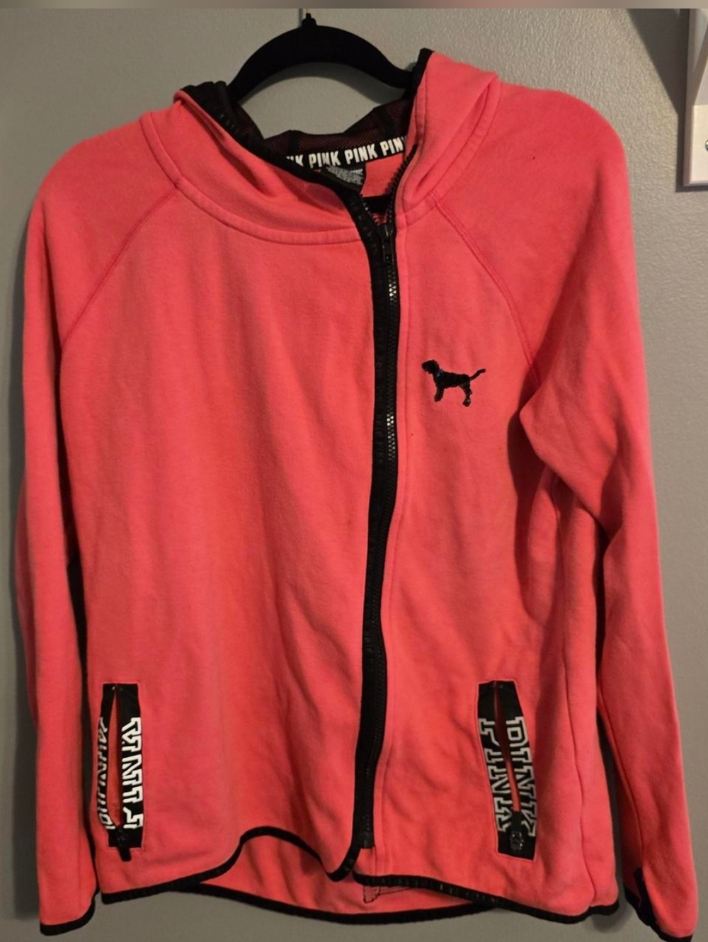 PINK Victoria's Secret Girls' Coral Pink Zip Hoodie with Black Trim
